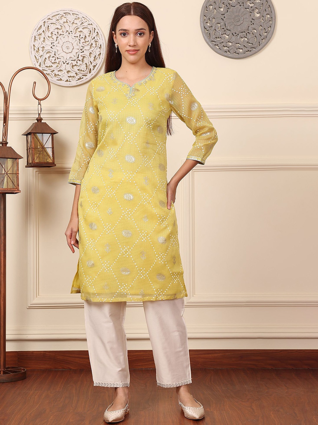 

W Women Ethnic Motifs Printed Thread Work Kurta, Yellow