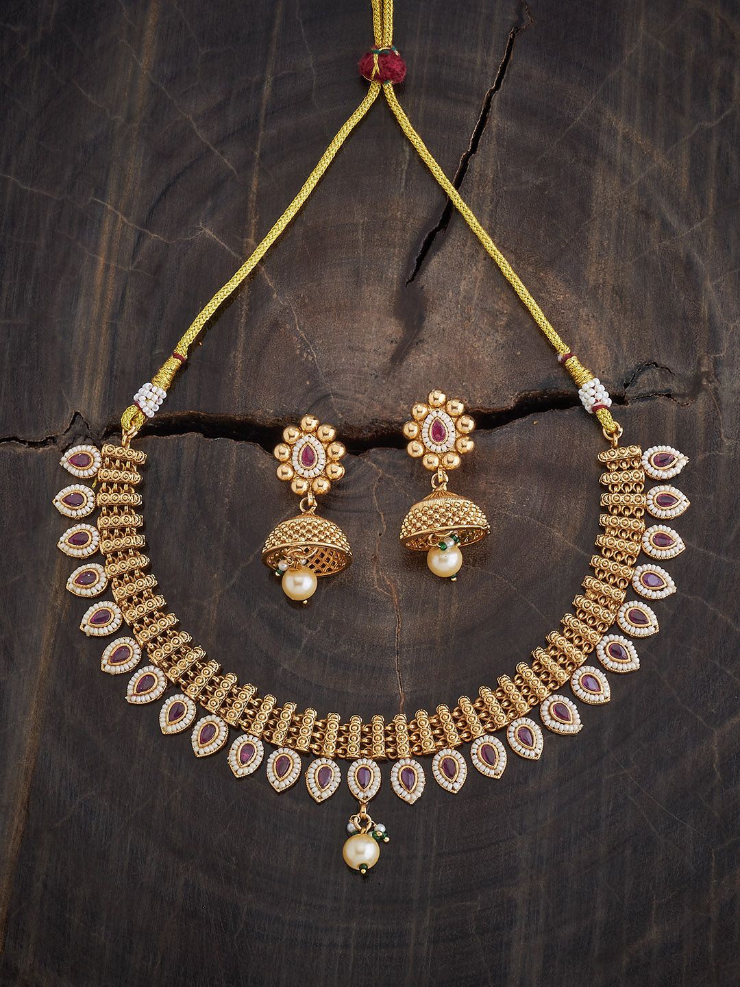 

Kushal's Fashion Jewellery Gold Plated Ruby Stone Studded & Beaded Antique Jewellery Set