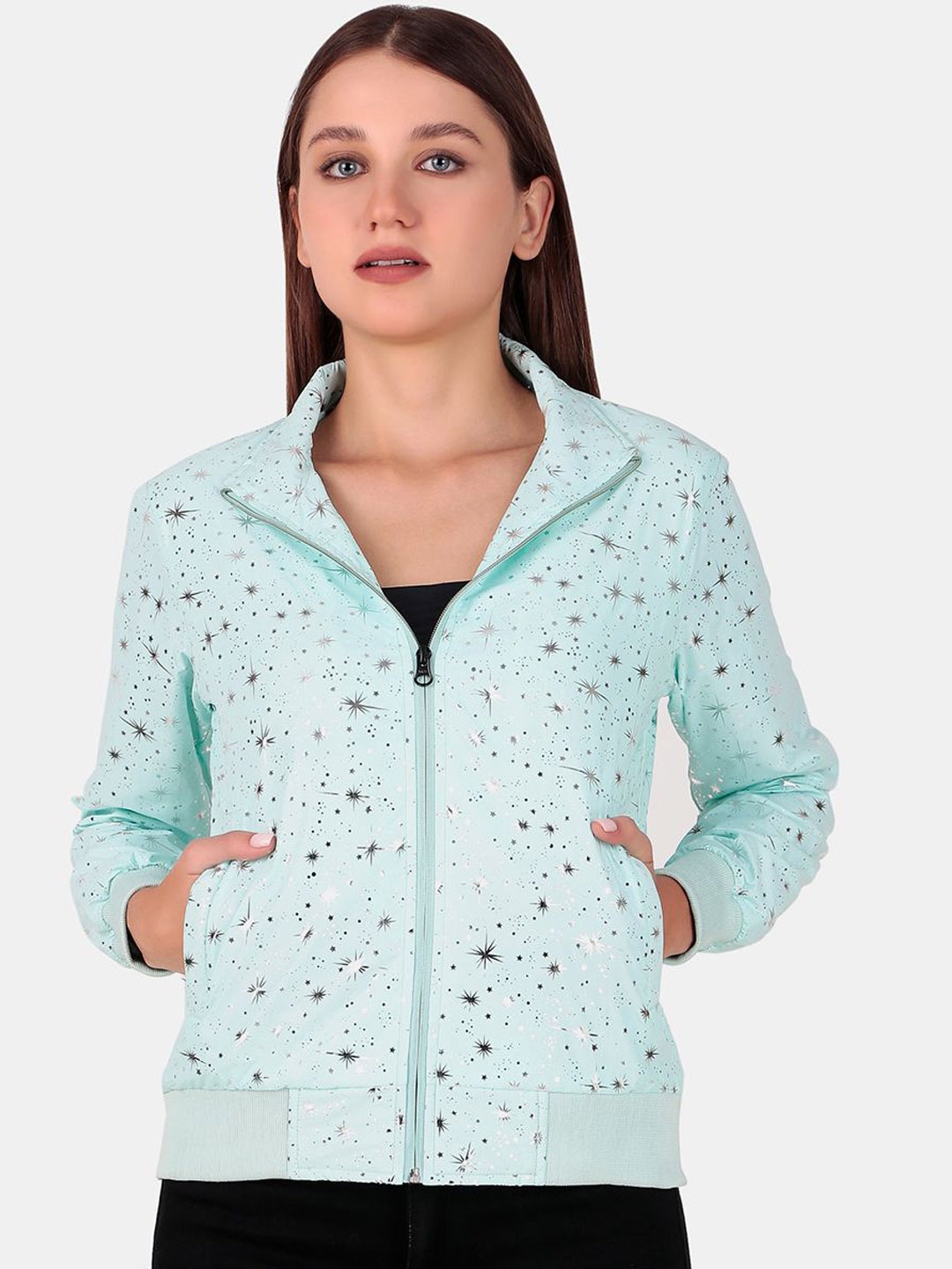 

WELL QUALITY Women Geometric Windcheater Training or Gym Sporty Jacket with Embroidered, Blue