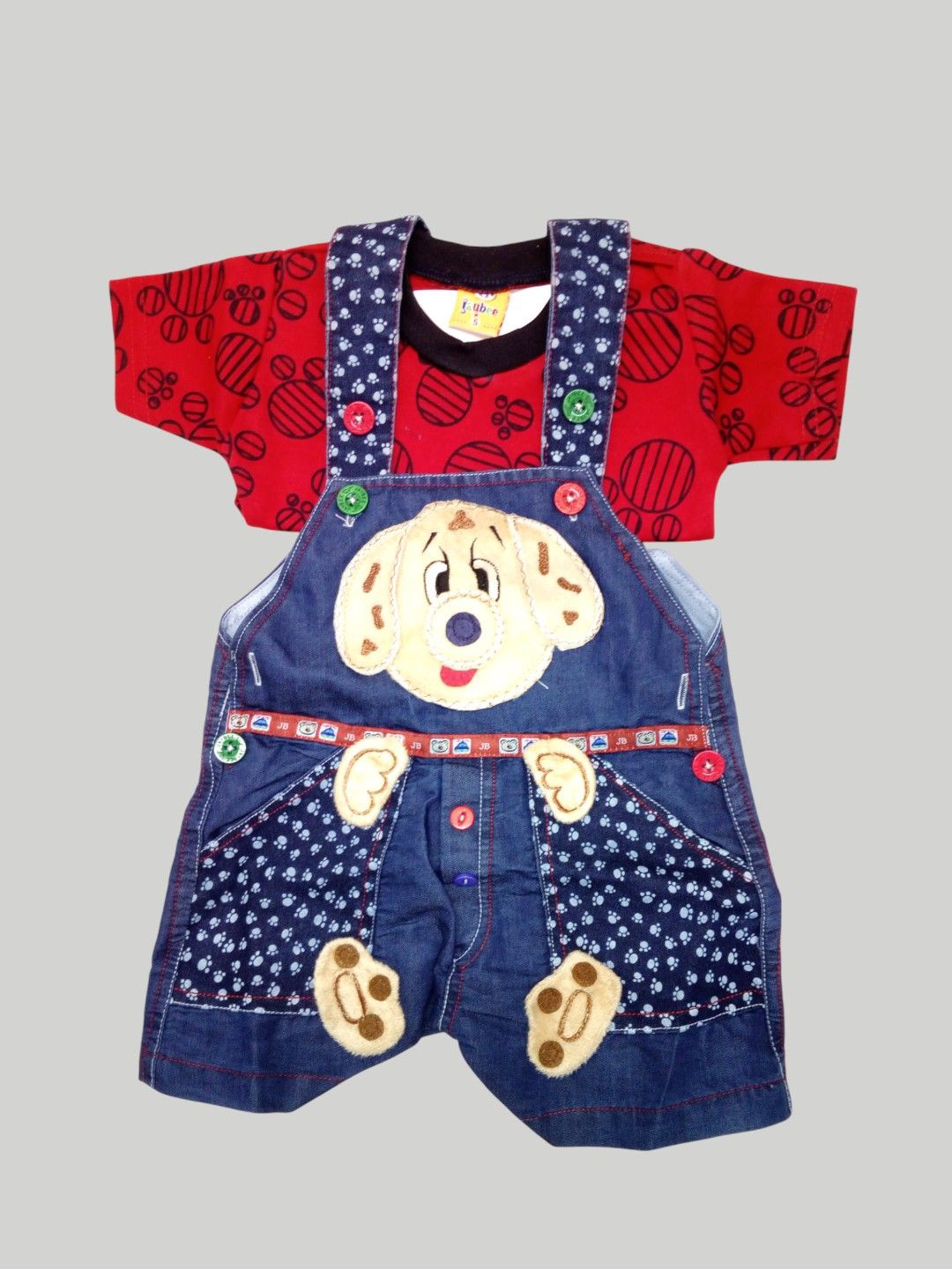 

Yellow Bee Infant Boys Graphic Printed Denim Dungarees With Tshirt, Red