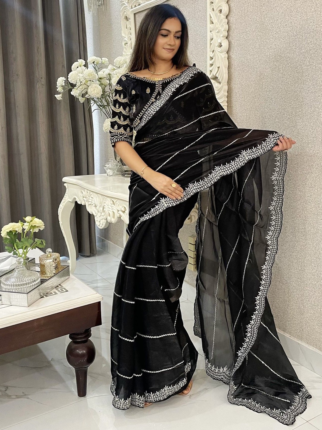 

LeeliPeeri Designer Woven Design Embroidered Saree With Stitched Blouse, Black