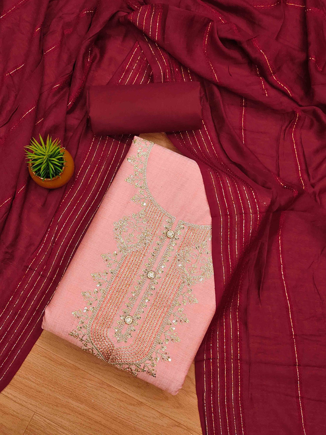 

KIMISHA Embroidered Viscose Rayon Unstitched Dress Material, Peach