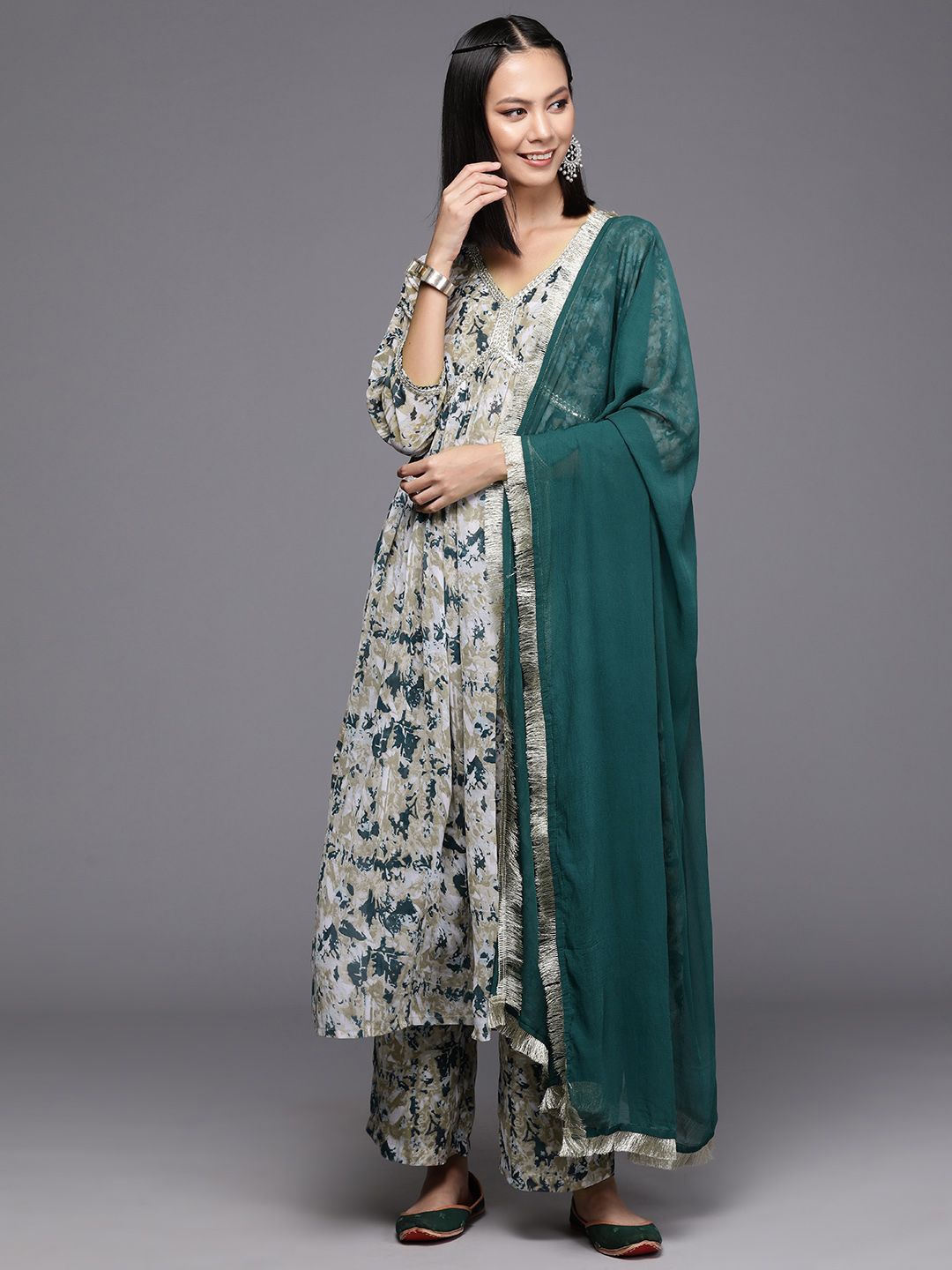 

KALINI Women Printed Empire Silk Georgette Kurta with Trousers & With Dupatta, Beige