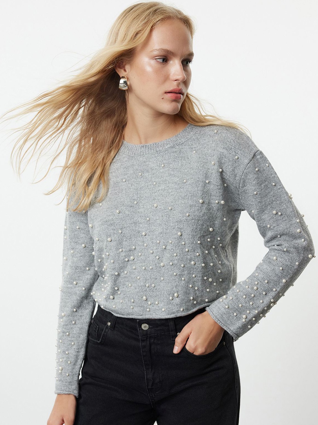 

Trendyol Women Embellished Extended Sleeves Crop Top, Grey