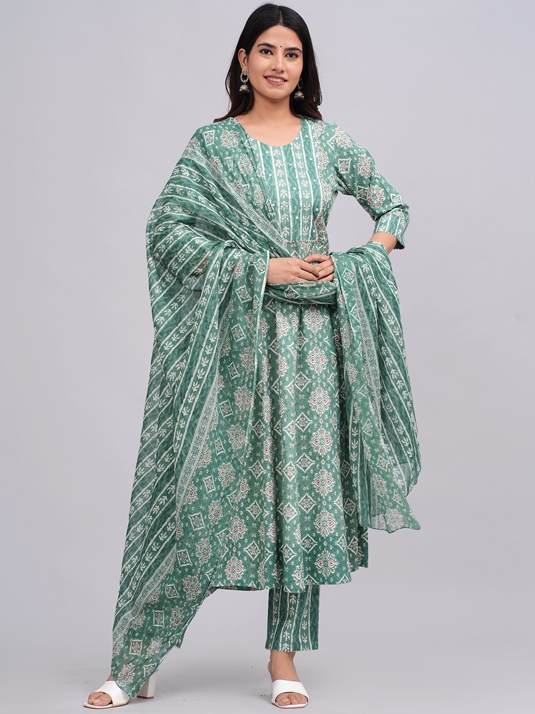 

Mugdha Silk Sarees Women Ethnic Motifs Printed Angrakha Beads and Stones Kurta with Trousers & With Dupatta, Green