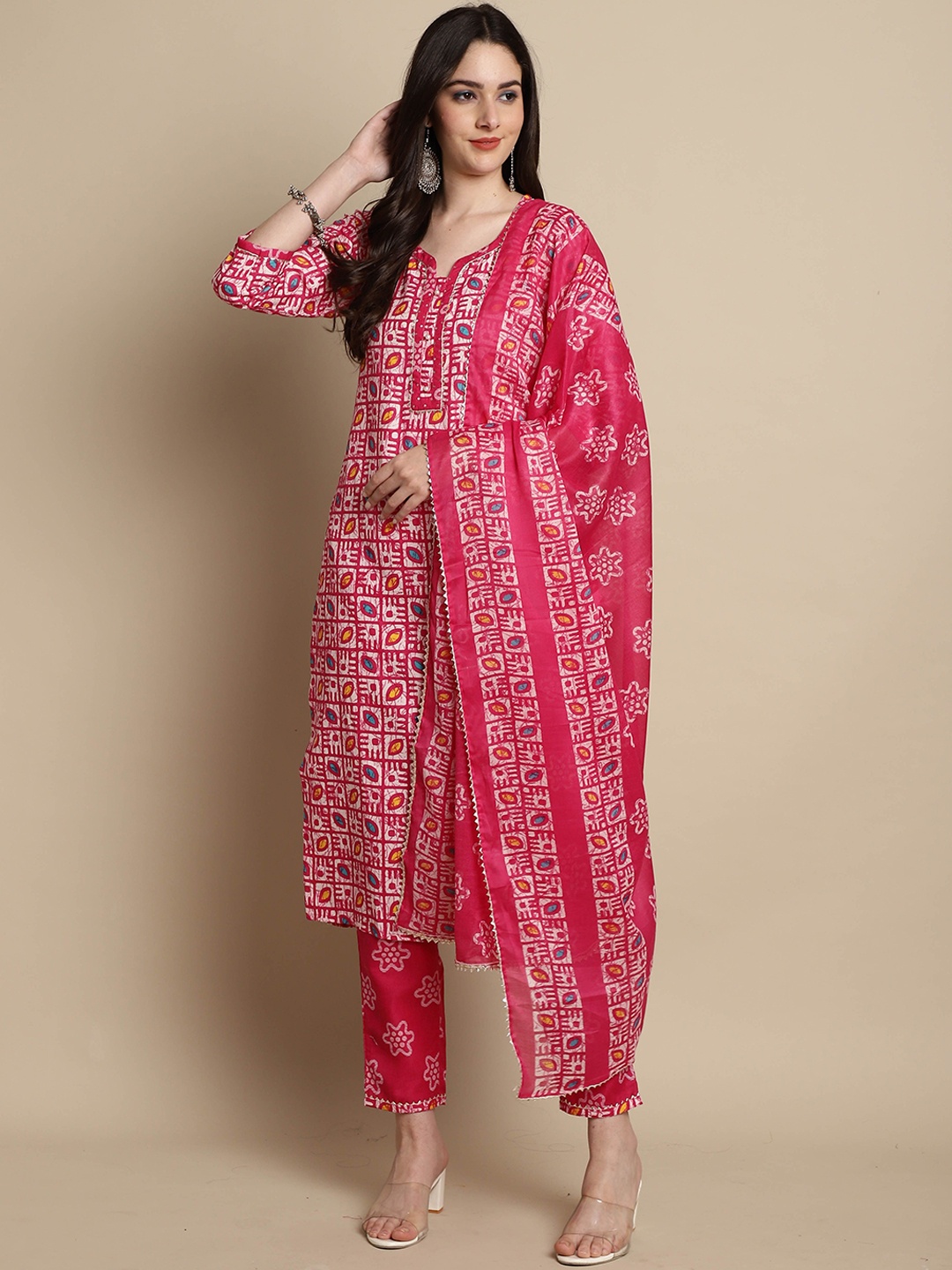 

Roly Poly Women Floral Printed Regular Kurti with Trousers & With Dupatta, Pink