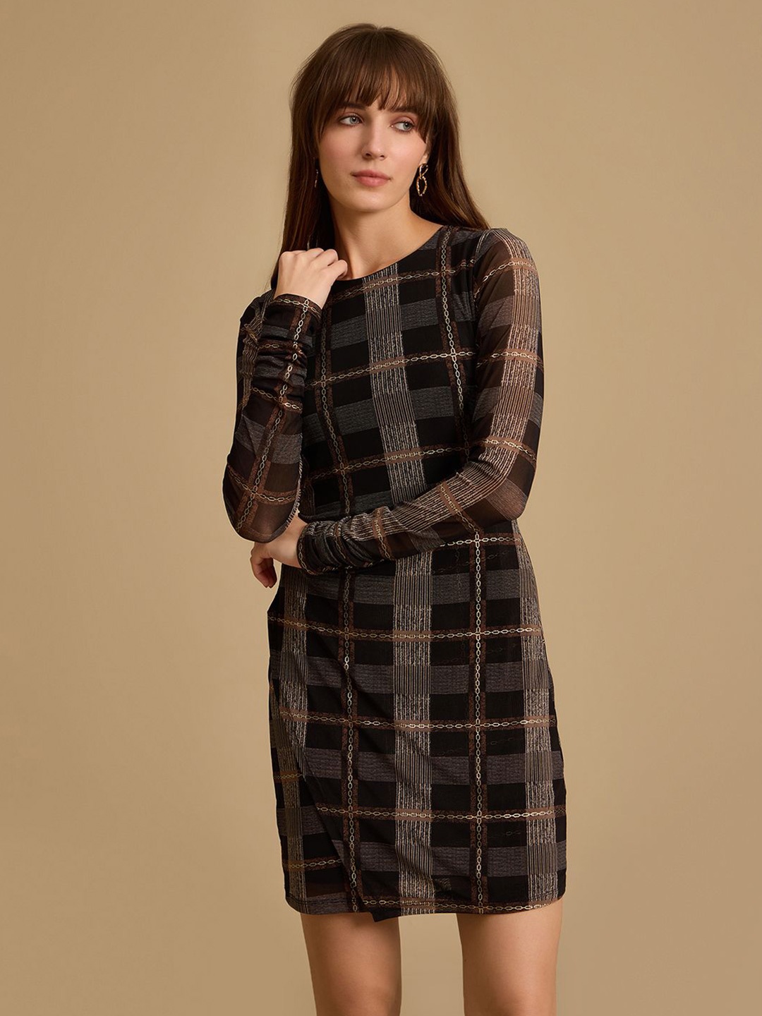 

Kazo Round Neck Long Sleeves Checked Sheath Mini Dress, Black