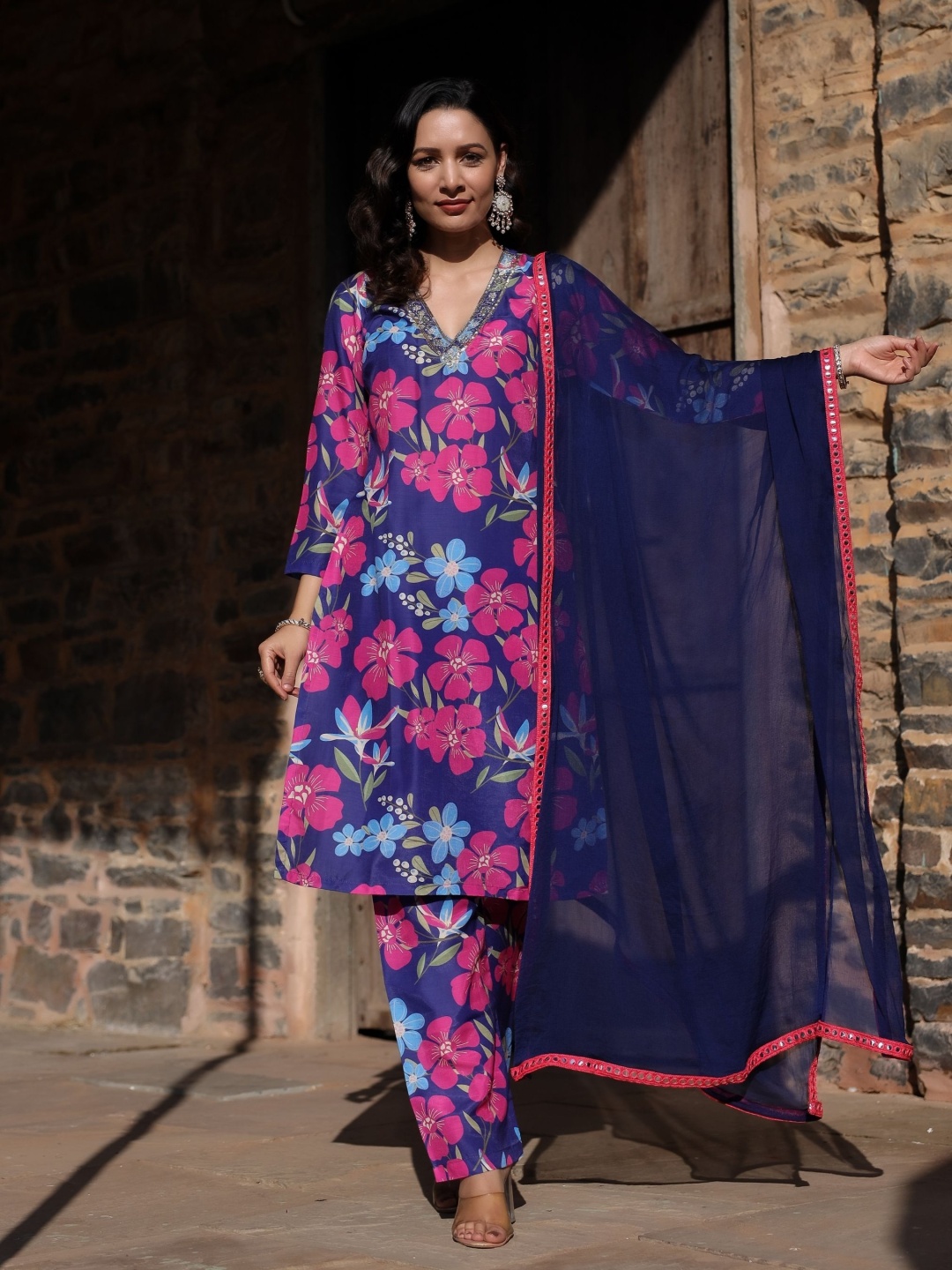 

ASHEERA Women Floral Printed Regular Aari Work Pure Cotton Kurta with Trousers & With Dupatta, Blue