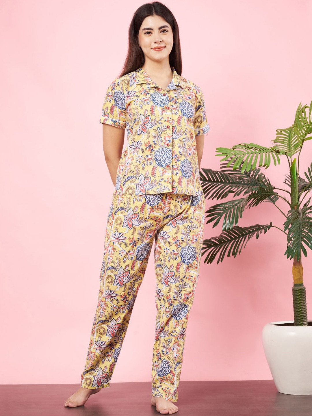 

HERE&NOW Women Floral Printed Pure Cotton Night suit, Yellow