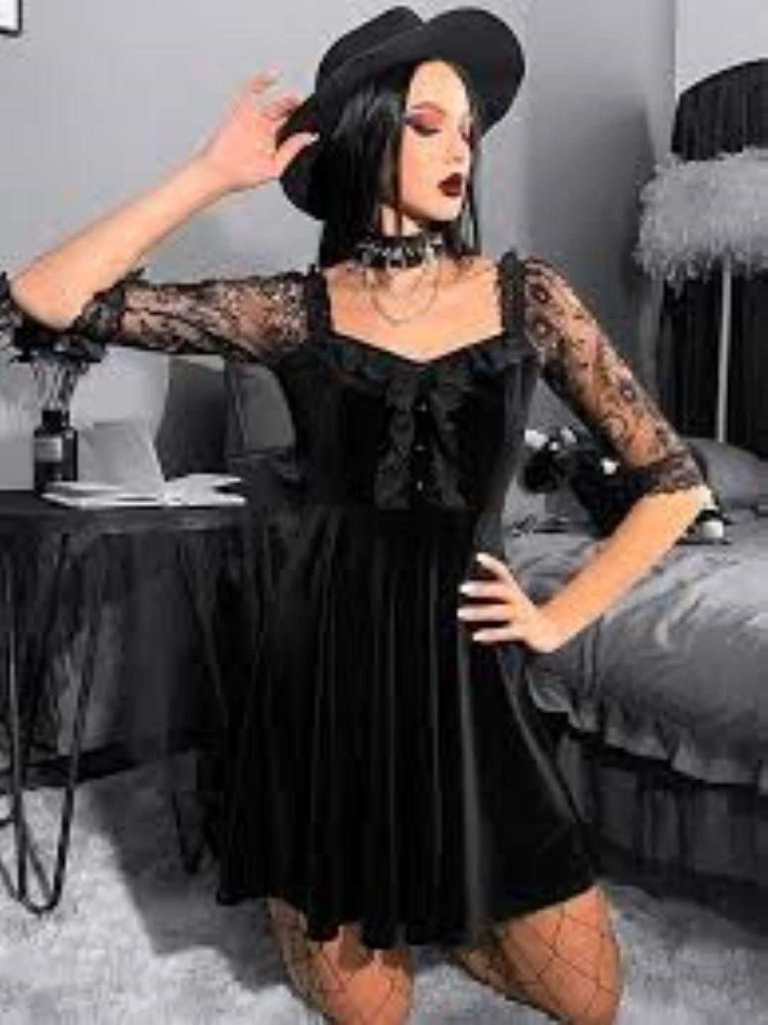

KPOP Women V-Neck Above Knee Short Sleeves A-Line Dress, Black