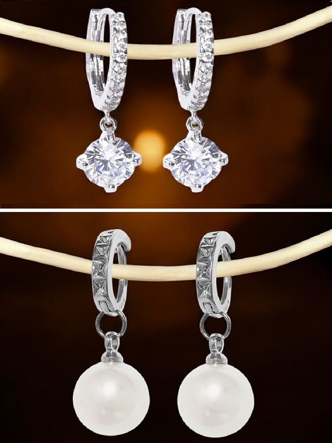 

DressBerry Set of 2 Silver-Toned & White CZ-Studded Drop Earrings
