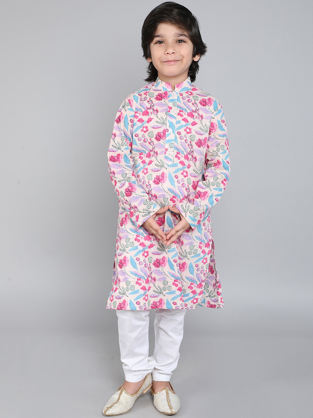 

Little Clothings Boys Floral Printed Regular Pure Cotton Kurta with Churidar, Cream