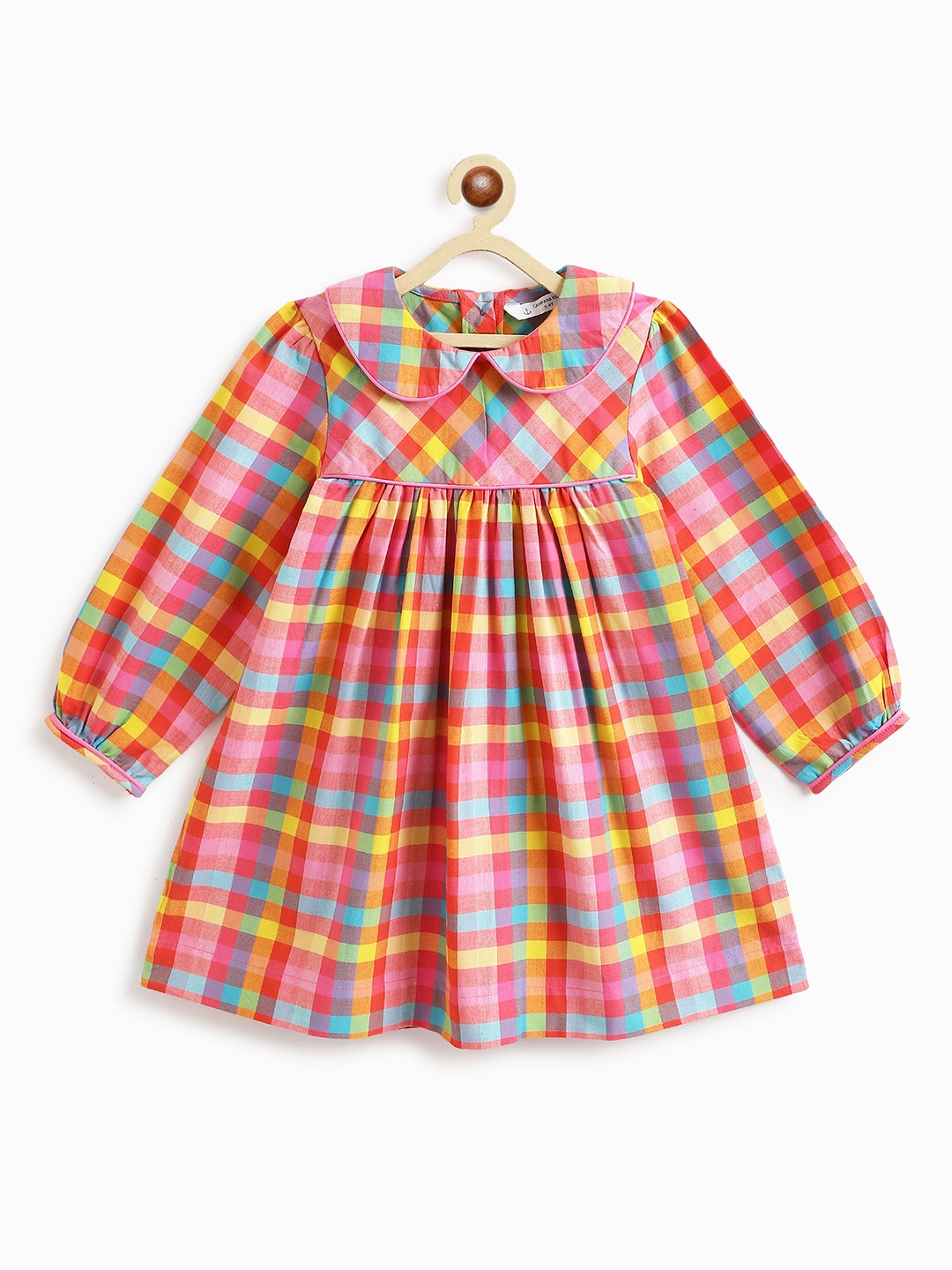 

Campana Girls Long Sleeves Knee Length Empire Waist Checked Cotton Dress, Pink
