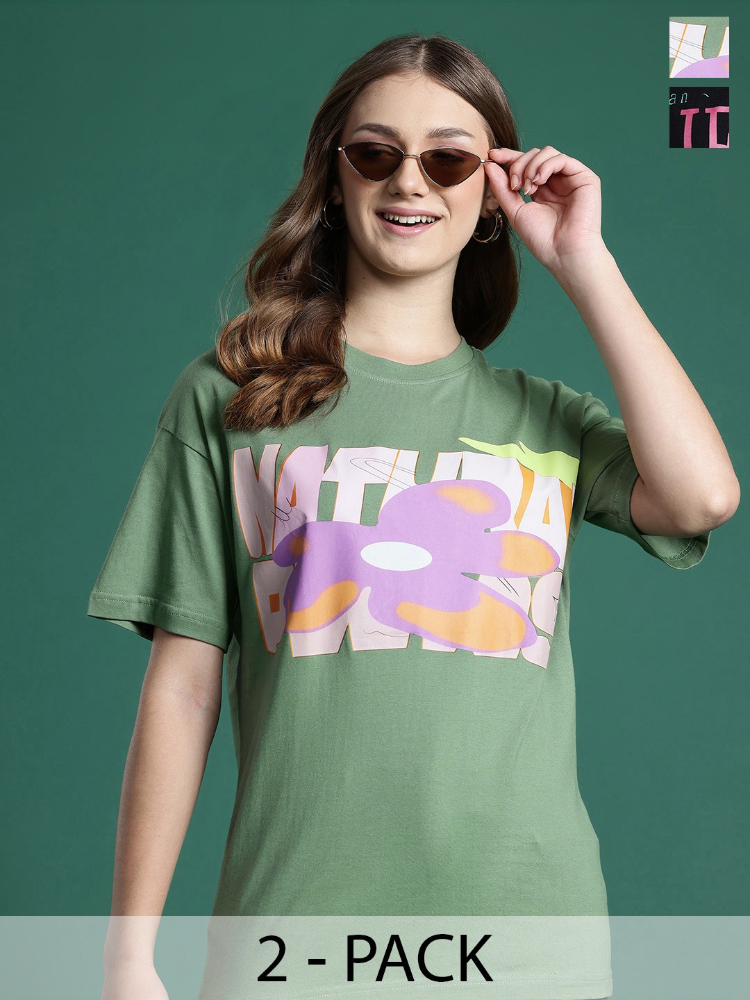 

DressBerry Pack of 2 Pure Cotton Printed Longline Tshirts, Green