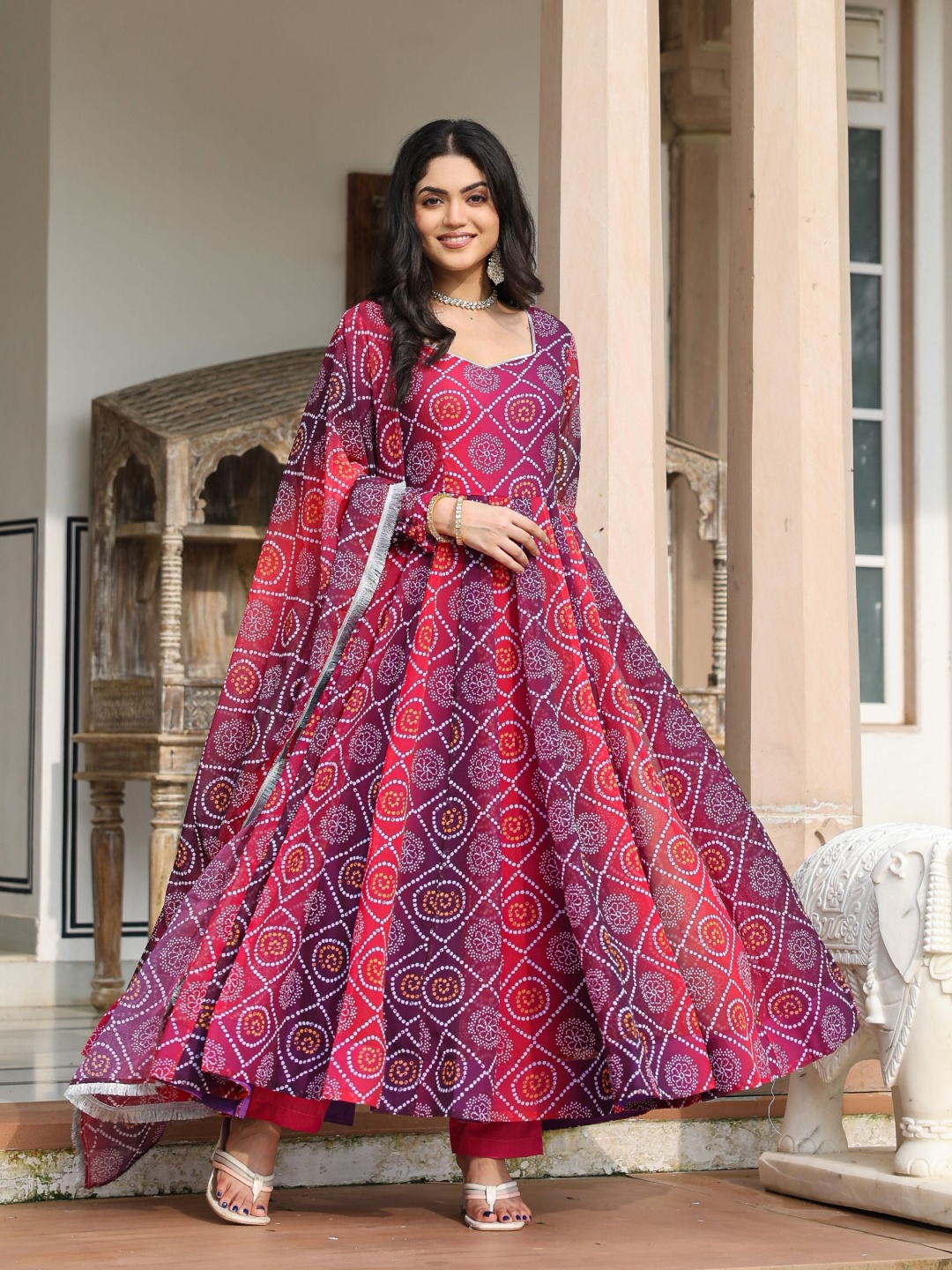 

ASHEERA Women Bandhani Printed Angrakha Gotta Patti Kurta with Trousers & With Dupatta, Pink