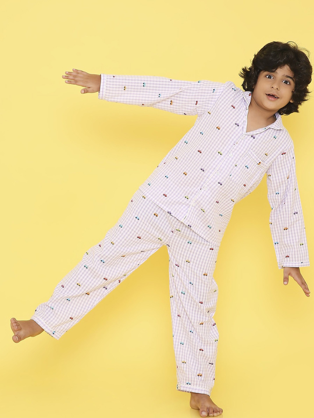 

Knitting Doodles Kids Checked Pure Cotton Shirt & Pyjama Night suit, Purple