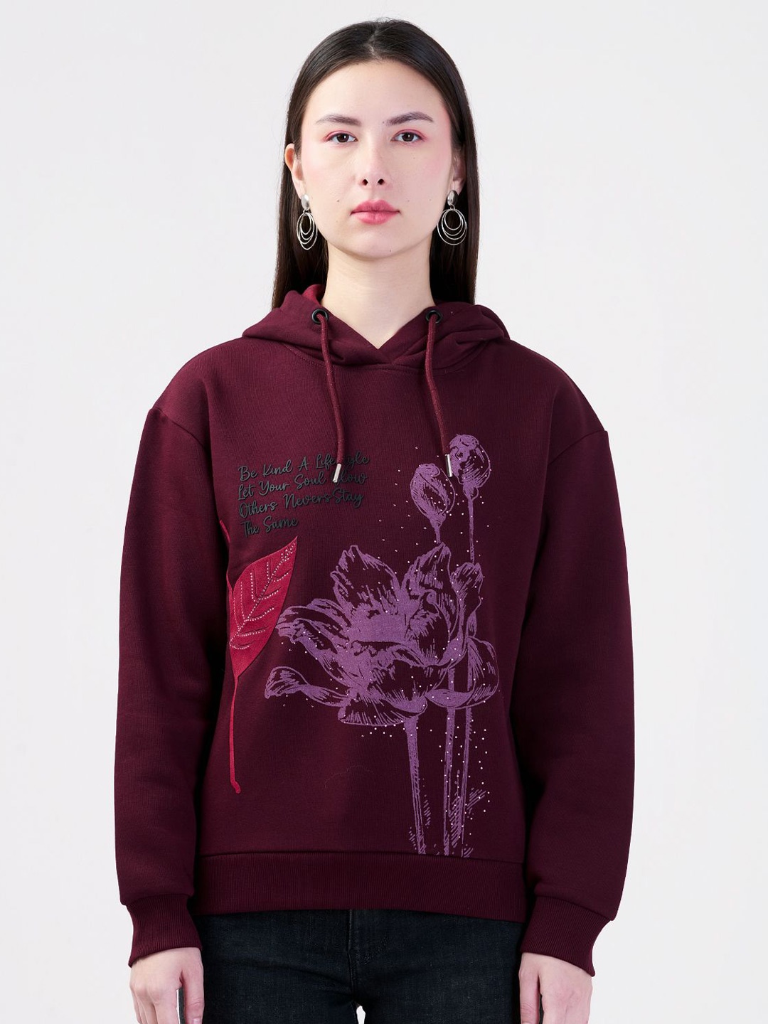 

Albion By CnM Women Floral Printed Hooded Sweatshirt, Burgundy