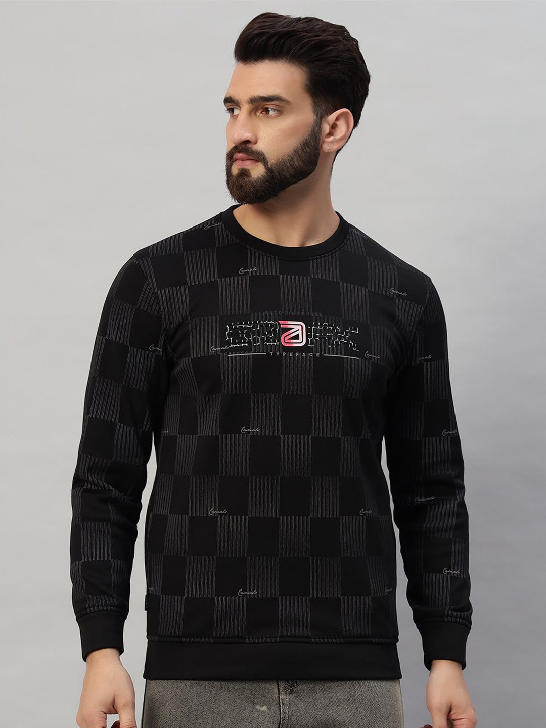 

PROFY Men Checked Round Neck Sweatshirt, Black