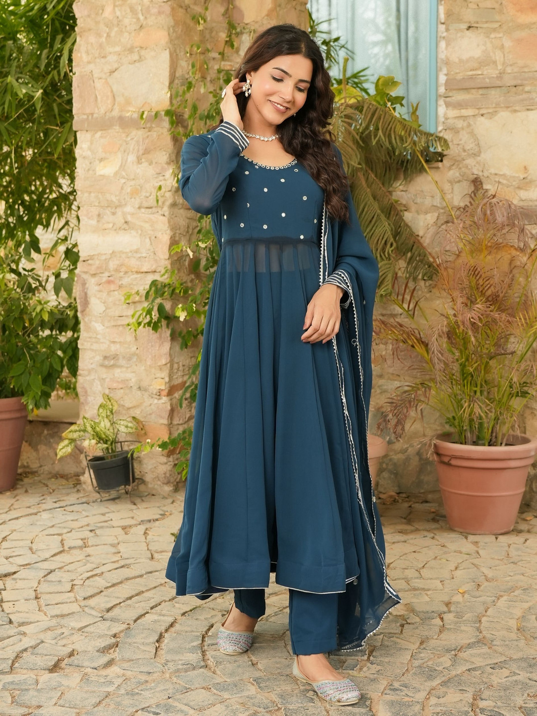 

ASHEERA Women Embroidered Regular Mirror Work Kurta with Trousers & With Dupatta, Turquoise blue
