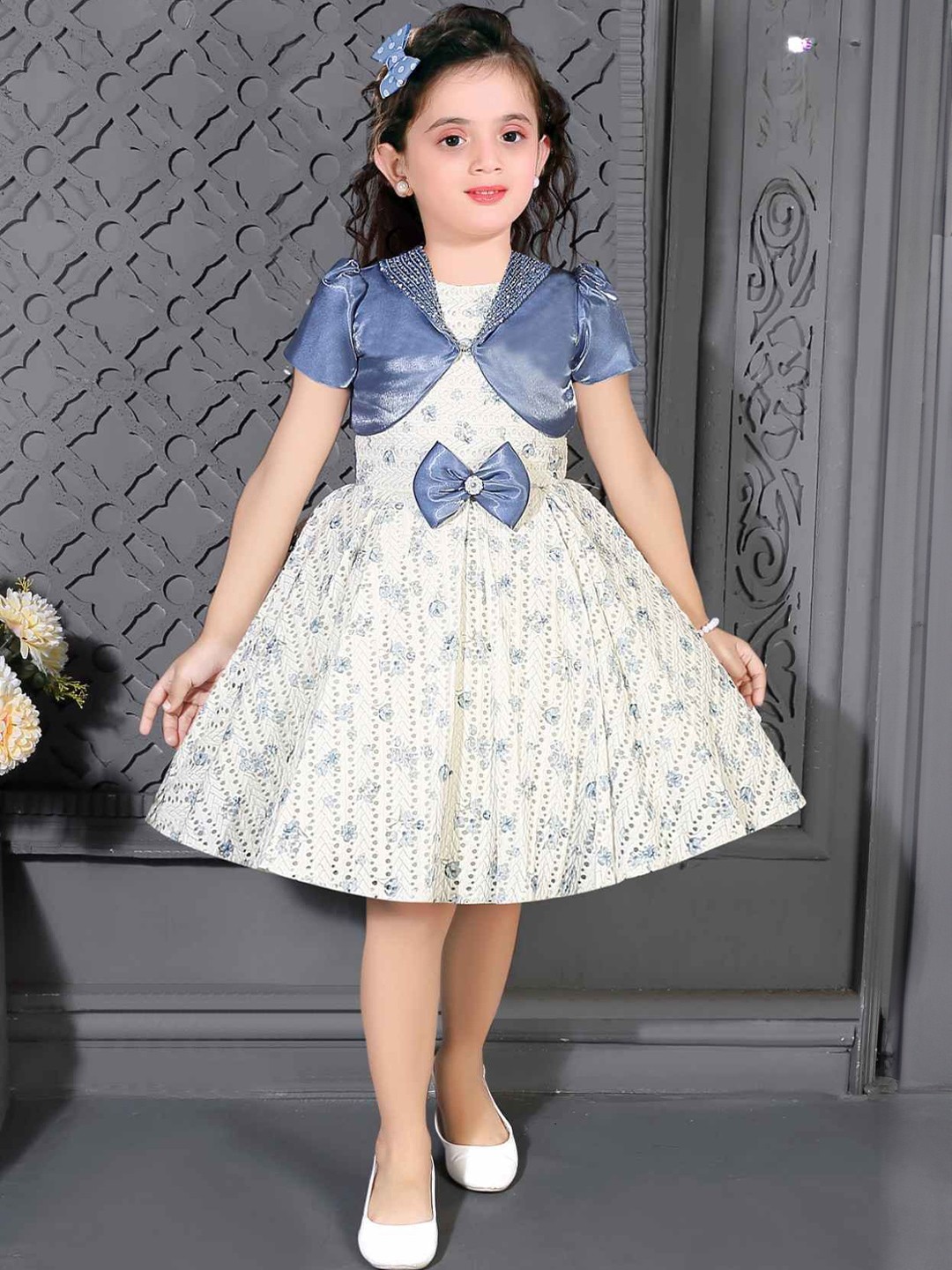 

Lagorii Girls Floral Printed Fit & Flare Dress & Overcoat, Blue