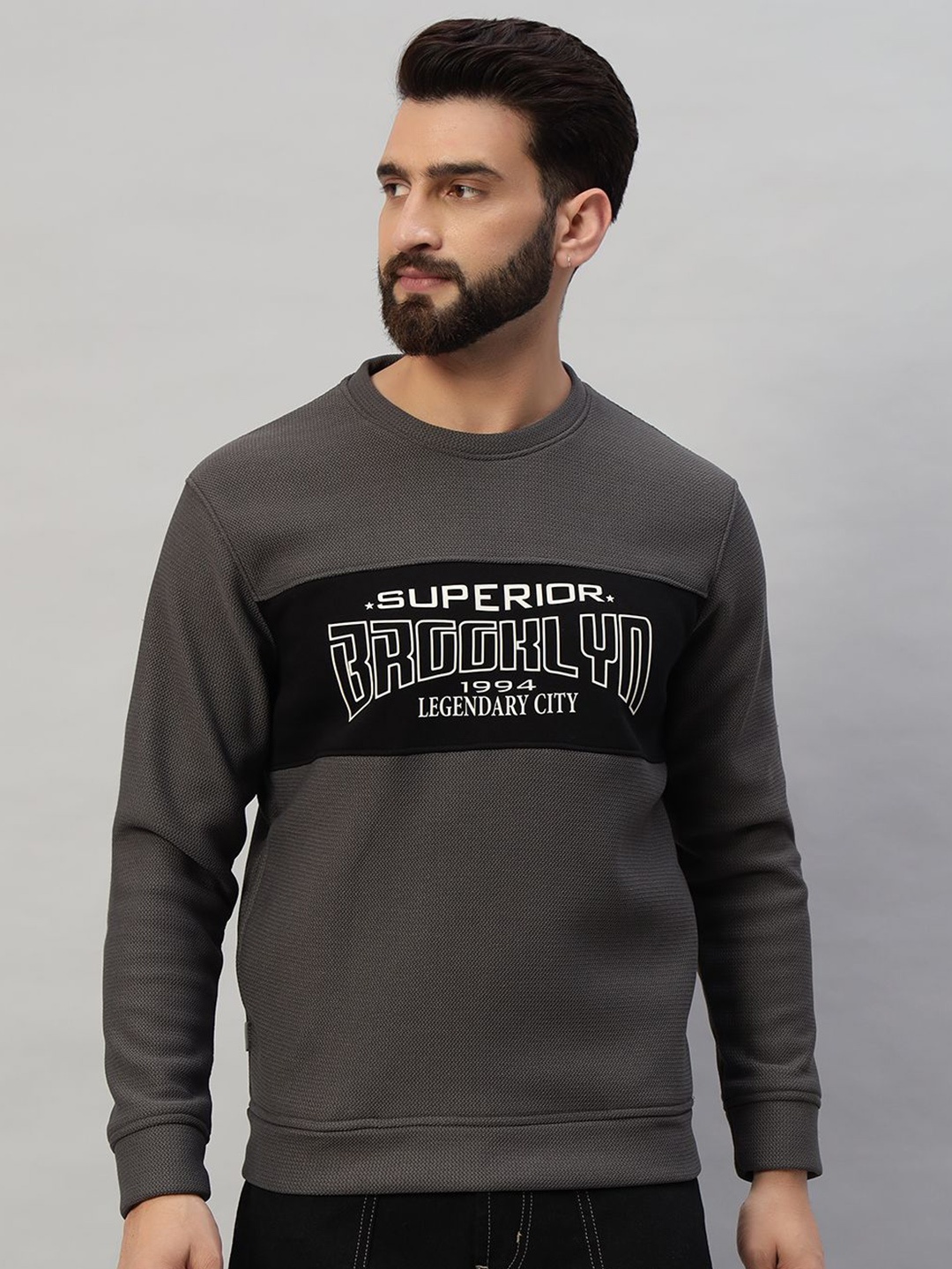 

PROFY Men Typography Printed Sweatshirt, Charcoal