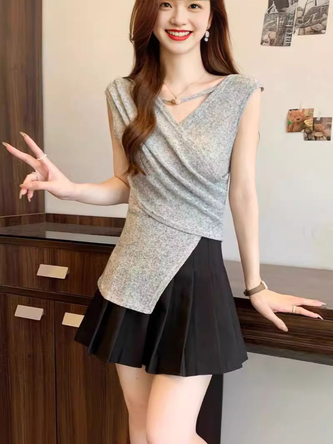 

KPOP Women V-Neck Wrap Top, Grey
