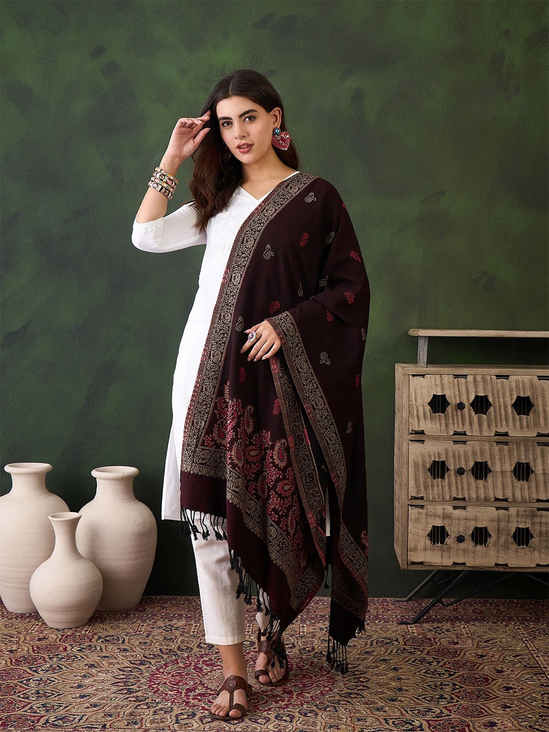 

Sangria Floral Woven Design Winter Pashmina Shawl, Black