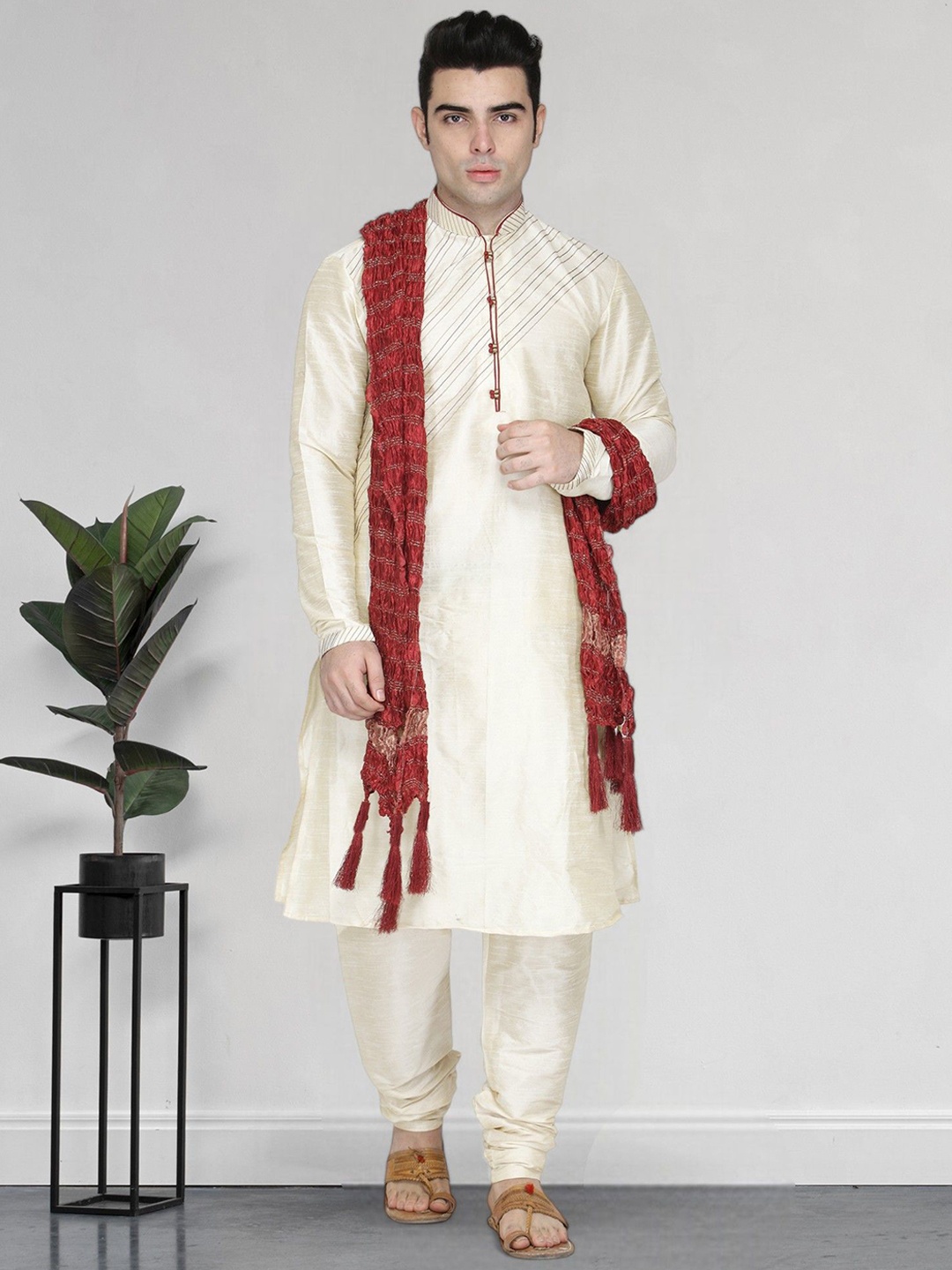 

SKAVIJ Men Ethnic Motifs Yoke Design Regular Thread Work Dupion Silk Kurta with Churidar & With Dupatta, White