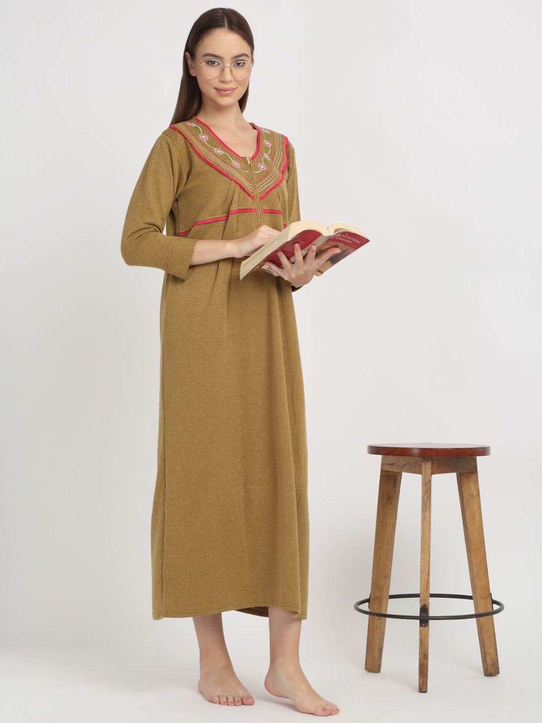 

Arrabi Women Embroidered Winter Maxi Nightdress, Brown