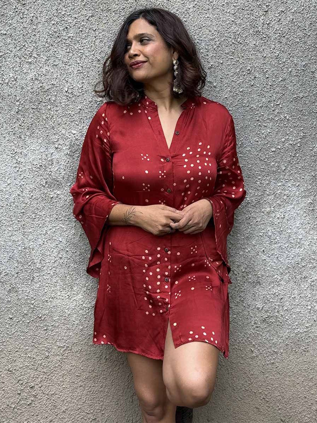 

Chidiyaa Women Polka Dots Printed Shirt Above Knee Dress, Red