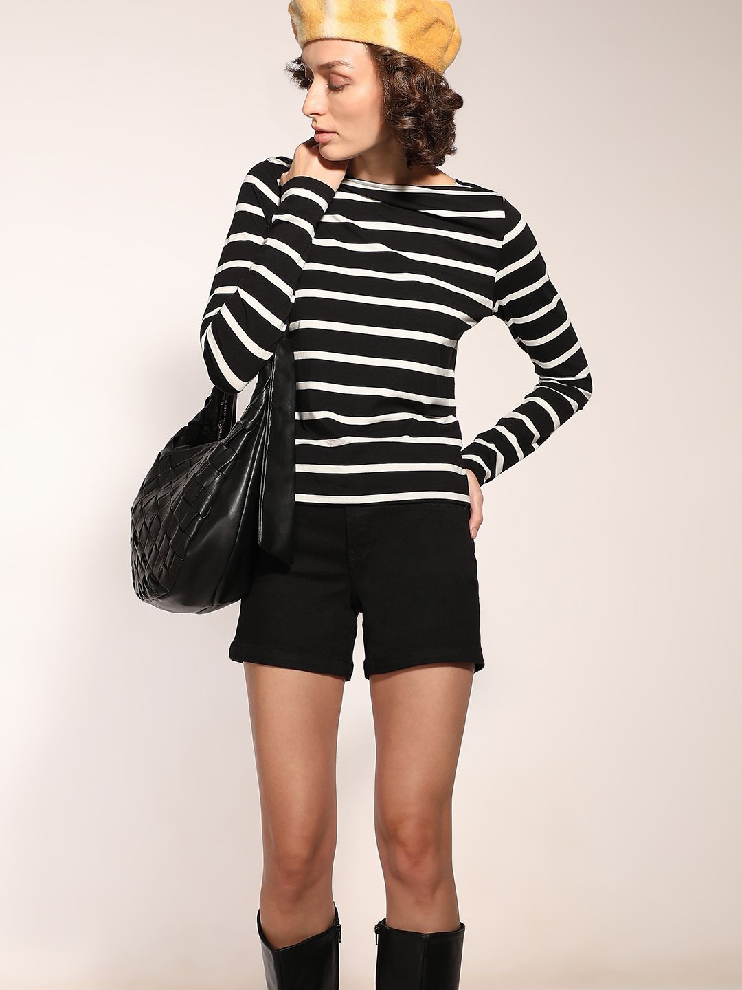 

Vero Moda Women Striped Boat Neck Cotton Top, Black