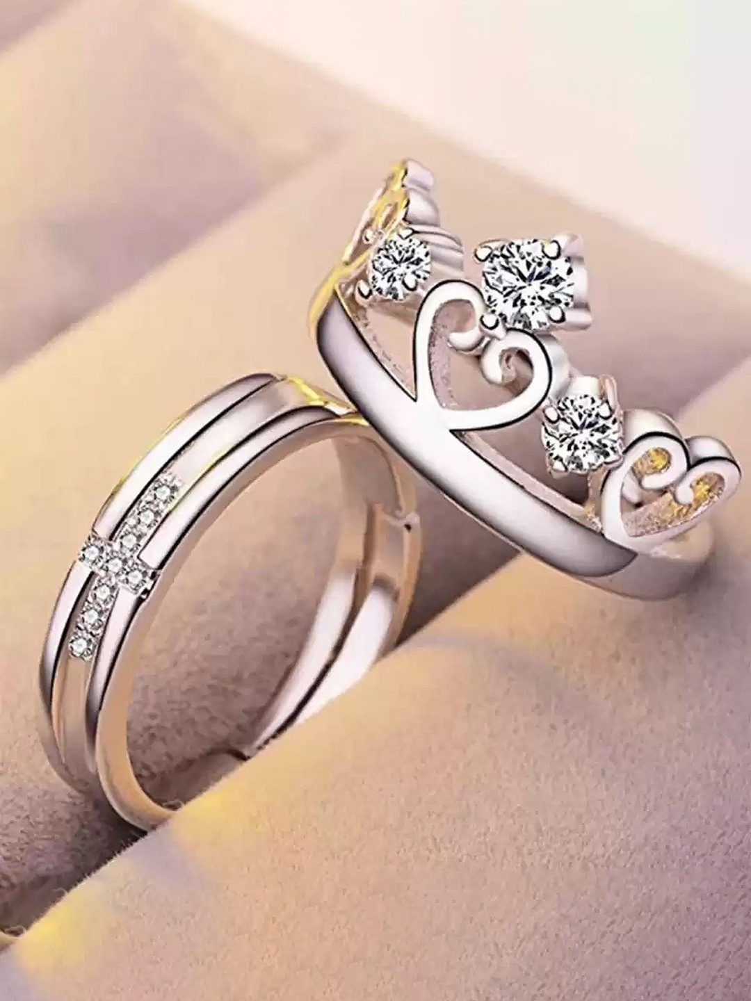 

Lila Set Of 2 Silver-Plated CZ Stone-Studded Adjustable Finger Ring