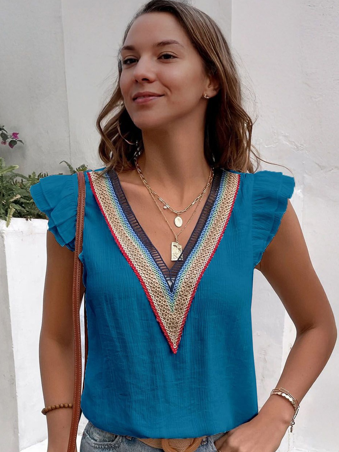 

StyleCast Women V-Neck Flutter Sleeves Top, Blue