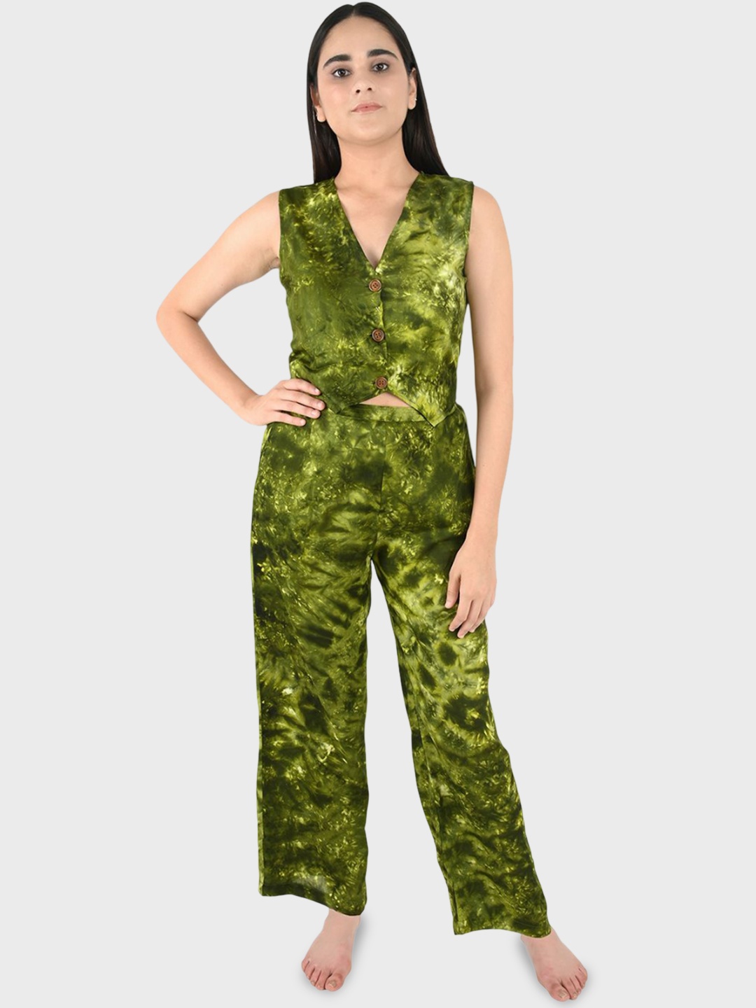 

Blissence Tie &Die V-Neck Sleeveless Swimwear cover-up Set, Green
