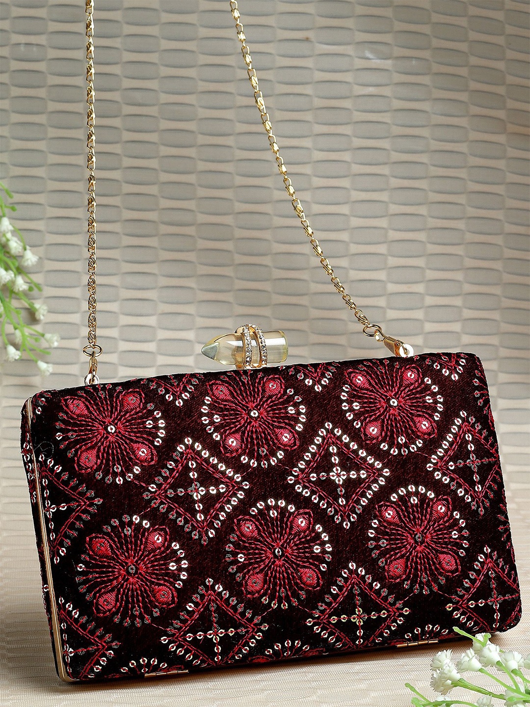 

Bohey by KARATCART Embroidered Box Clutch, Maroon