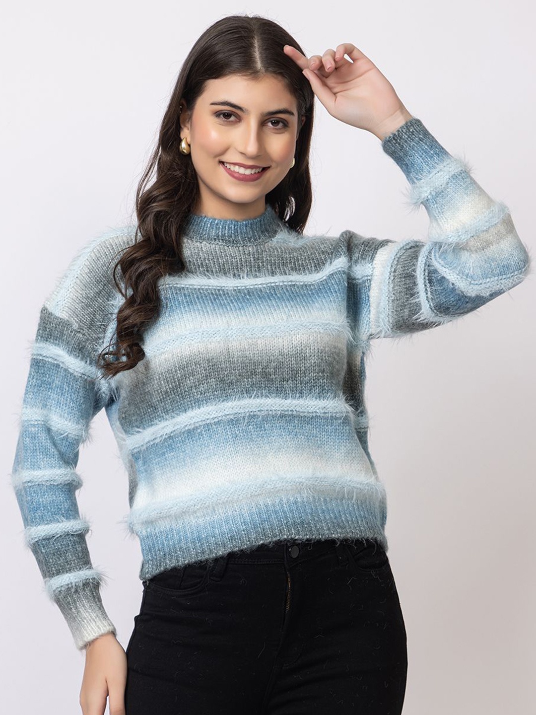 

Navsha Women Striped Woollen Pullover, Blue