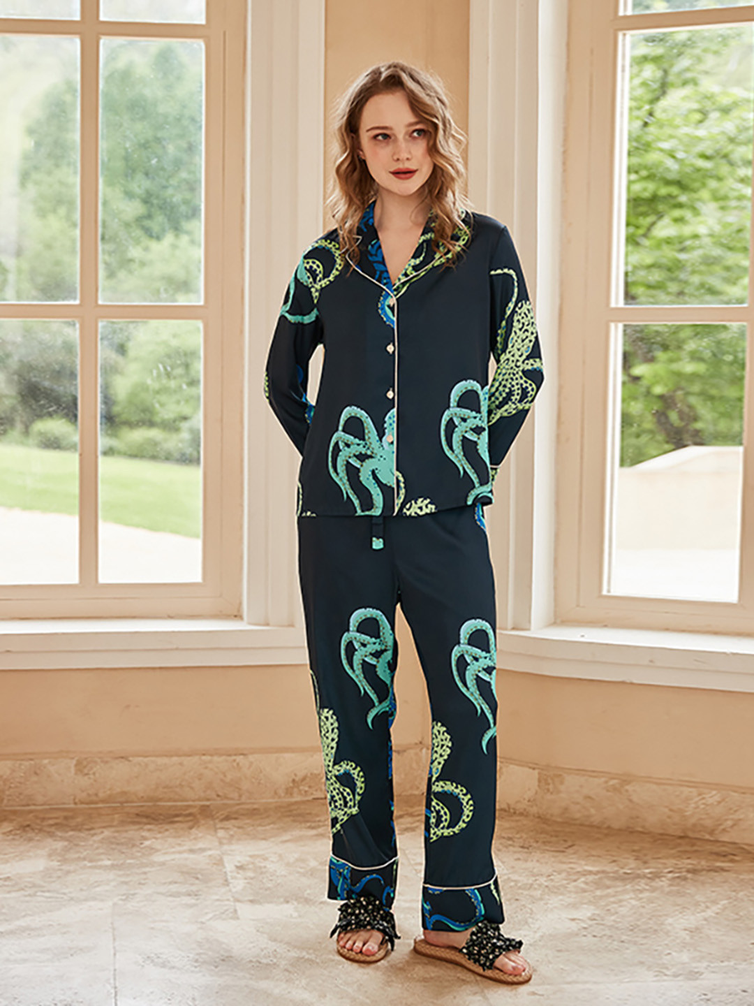 

JC Collection Women Animal Printed Lapel Collar Night suit, Black