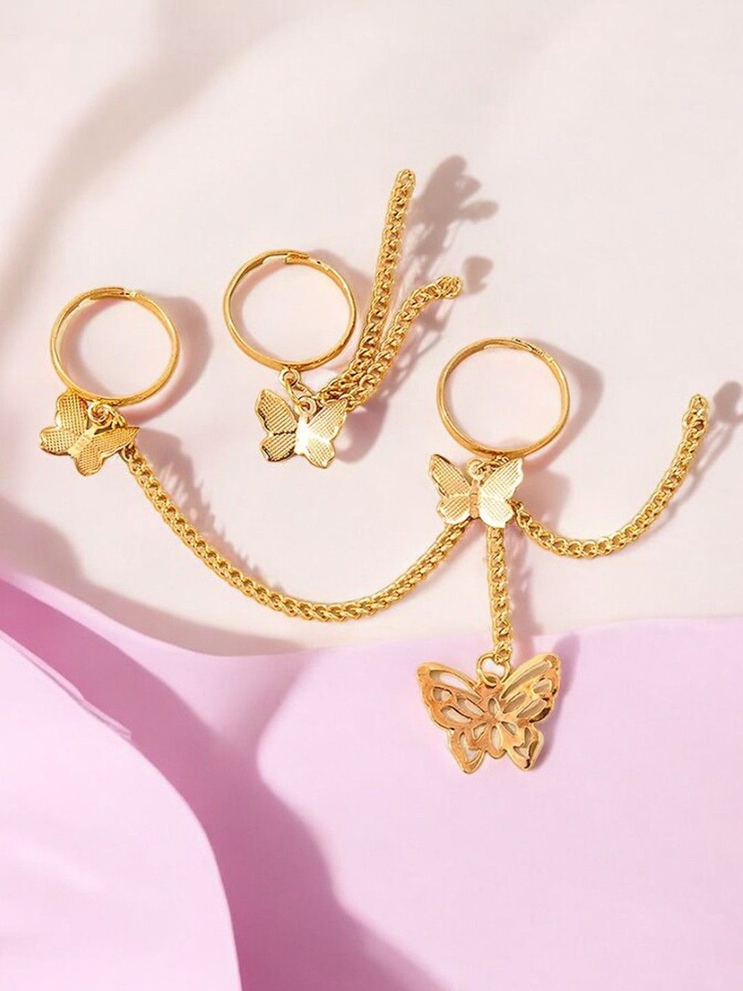 

DressBerry Set Of 2 Butterfly Chain Adjustable Finger Rings, Gold