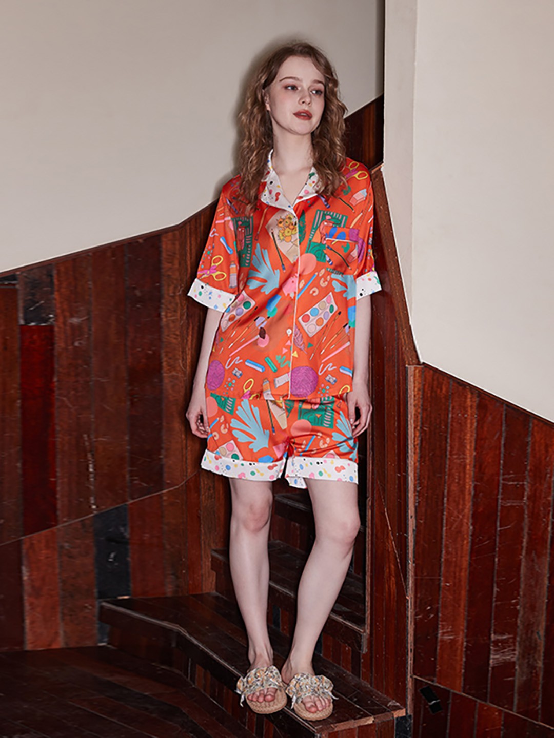 

JC Collection Women Lapel Collar Printed Night Suit, Orange