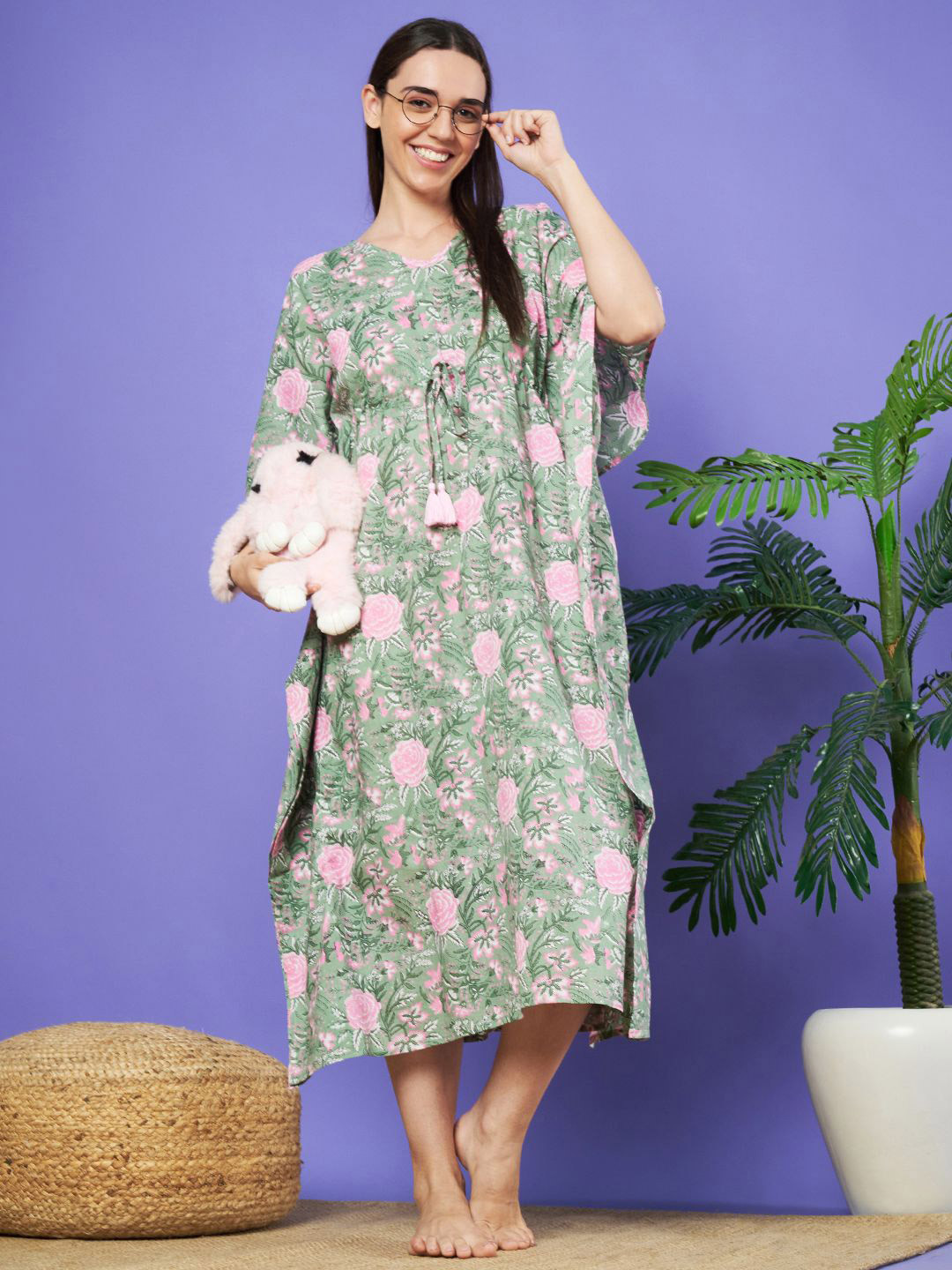 

HERE&NOW Women Floral Printed Pure Cotton Kaftan Nightdress, Green