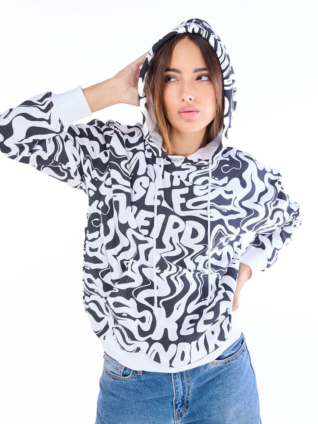 

Bewakoof Women Abstract Printed Cotton Hooded Sweatshirt, Black