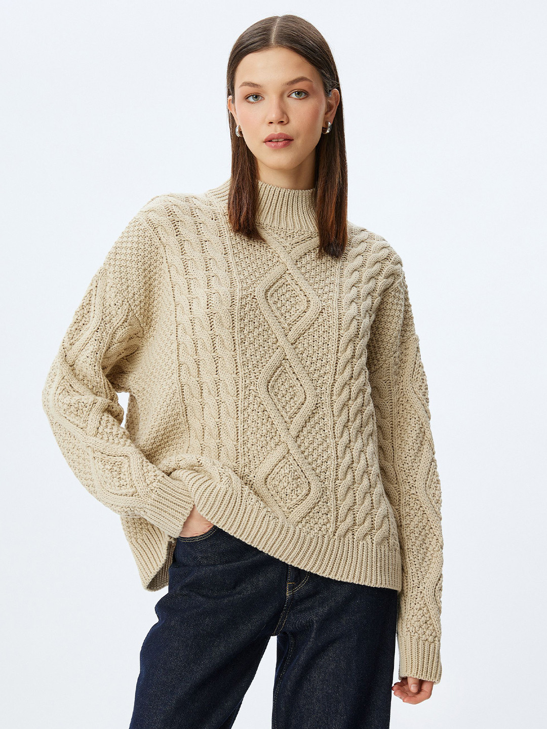 

Koton Women Cable Knit Self Design Pullover, Beige