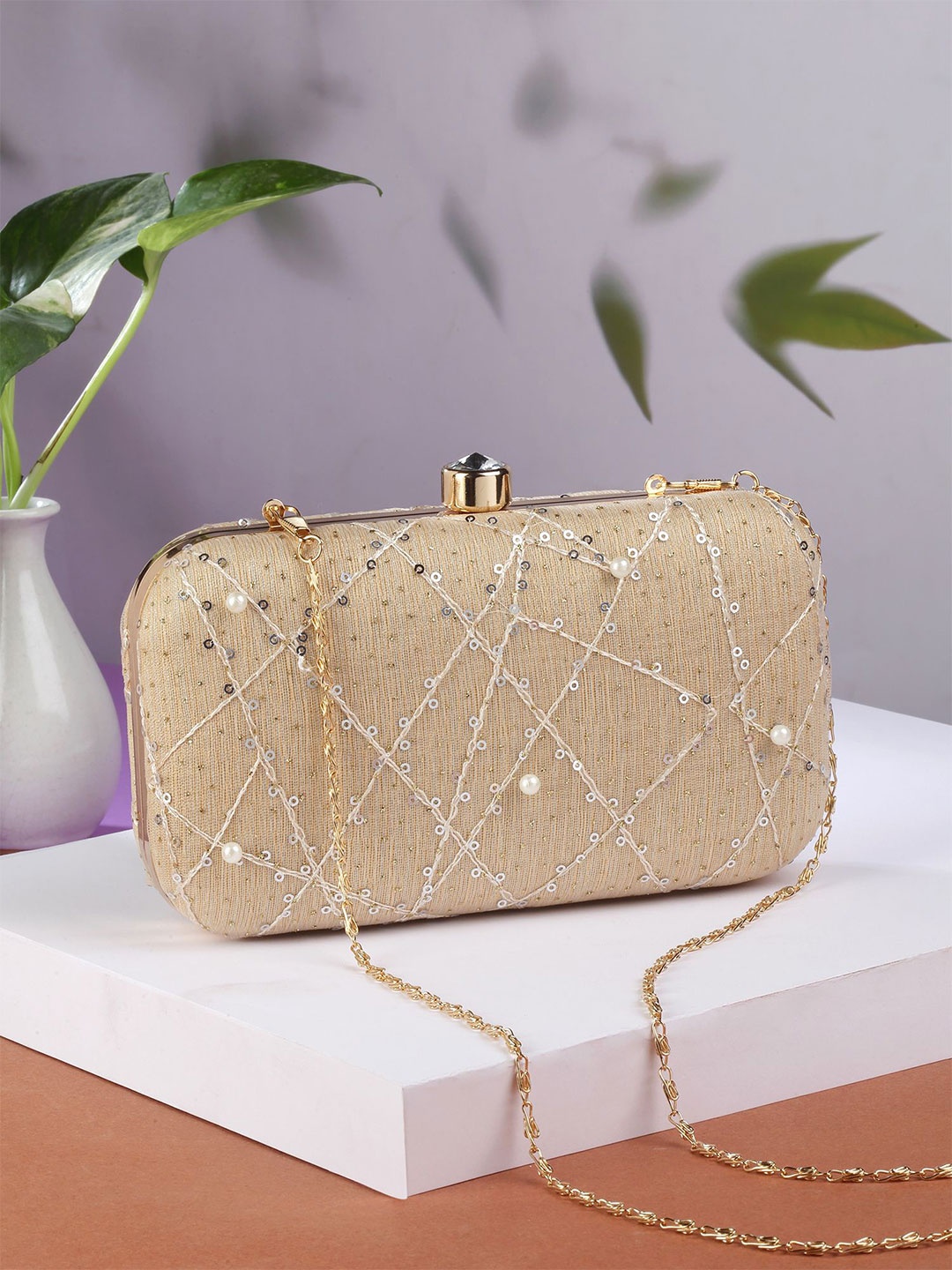 

Bohey by KARATCART Embroidered Box Clutch, Beige