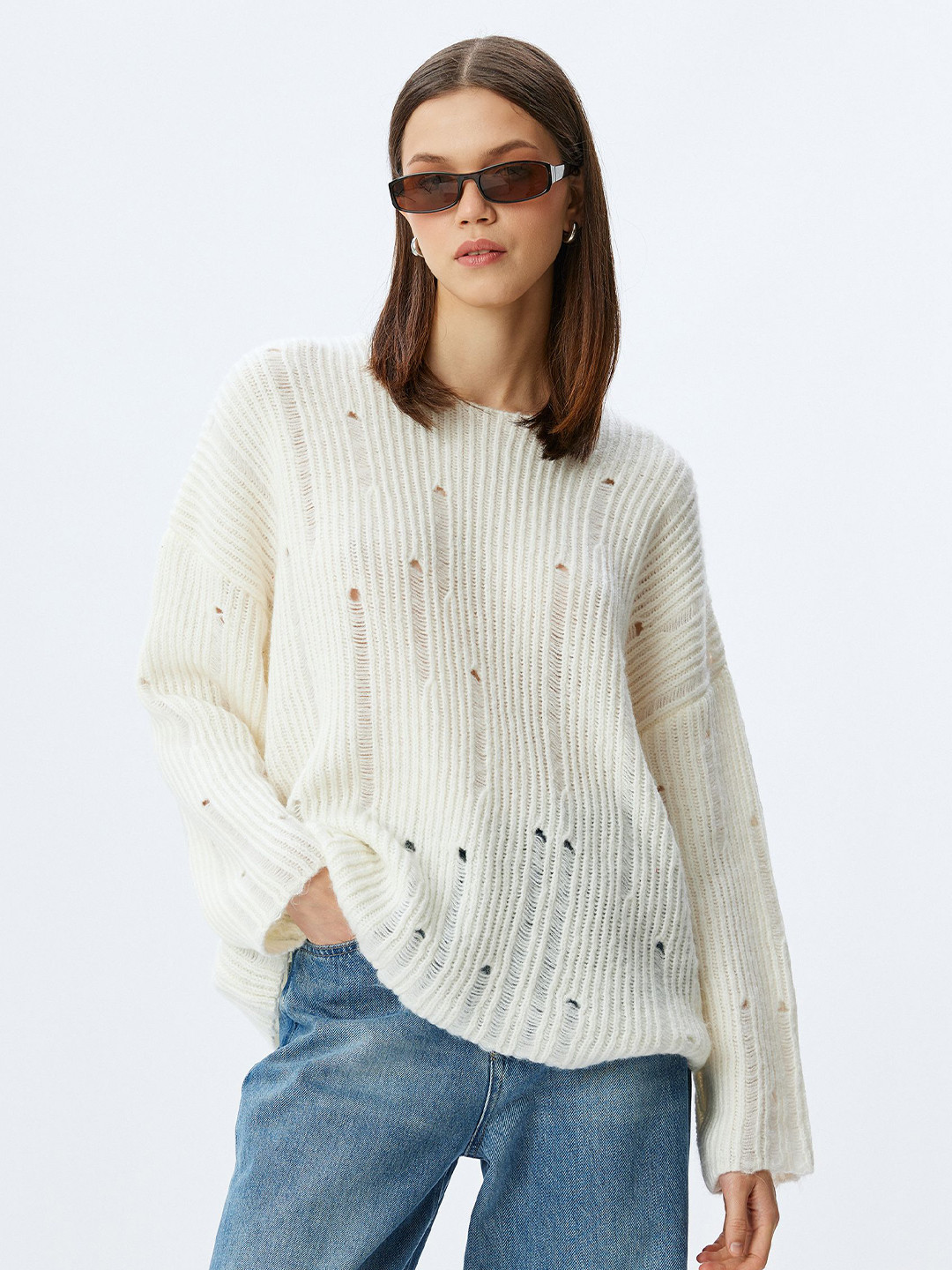 

Koton Women Open Knit Round Neck Pullover, White
