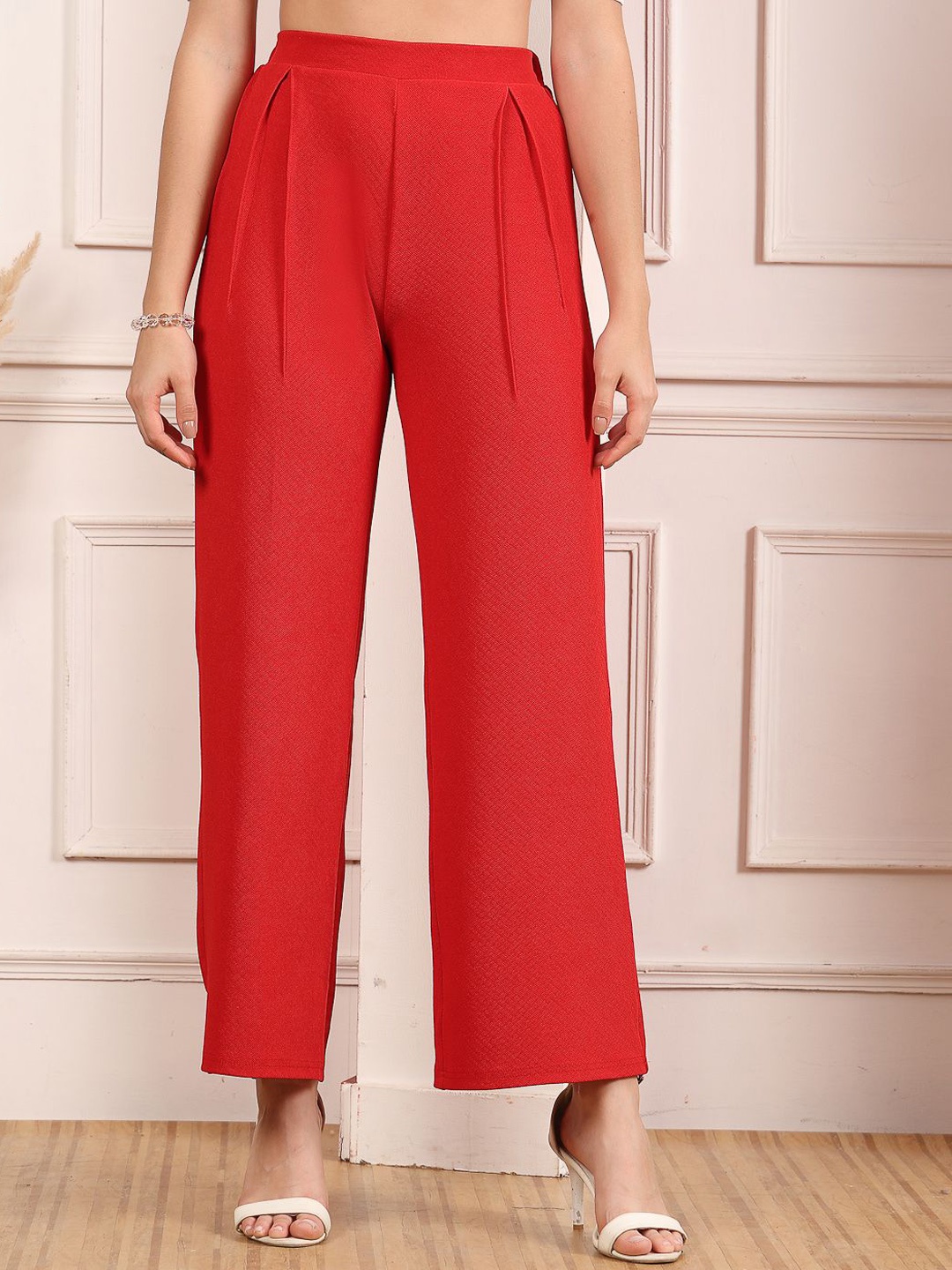 

aayu Women Relaxed Fit Flared High-Rise Trousers, Red