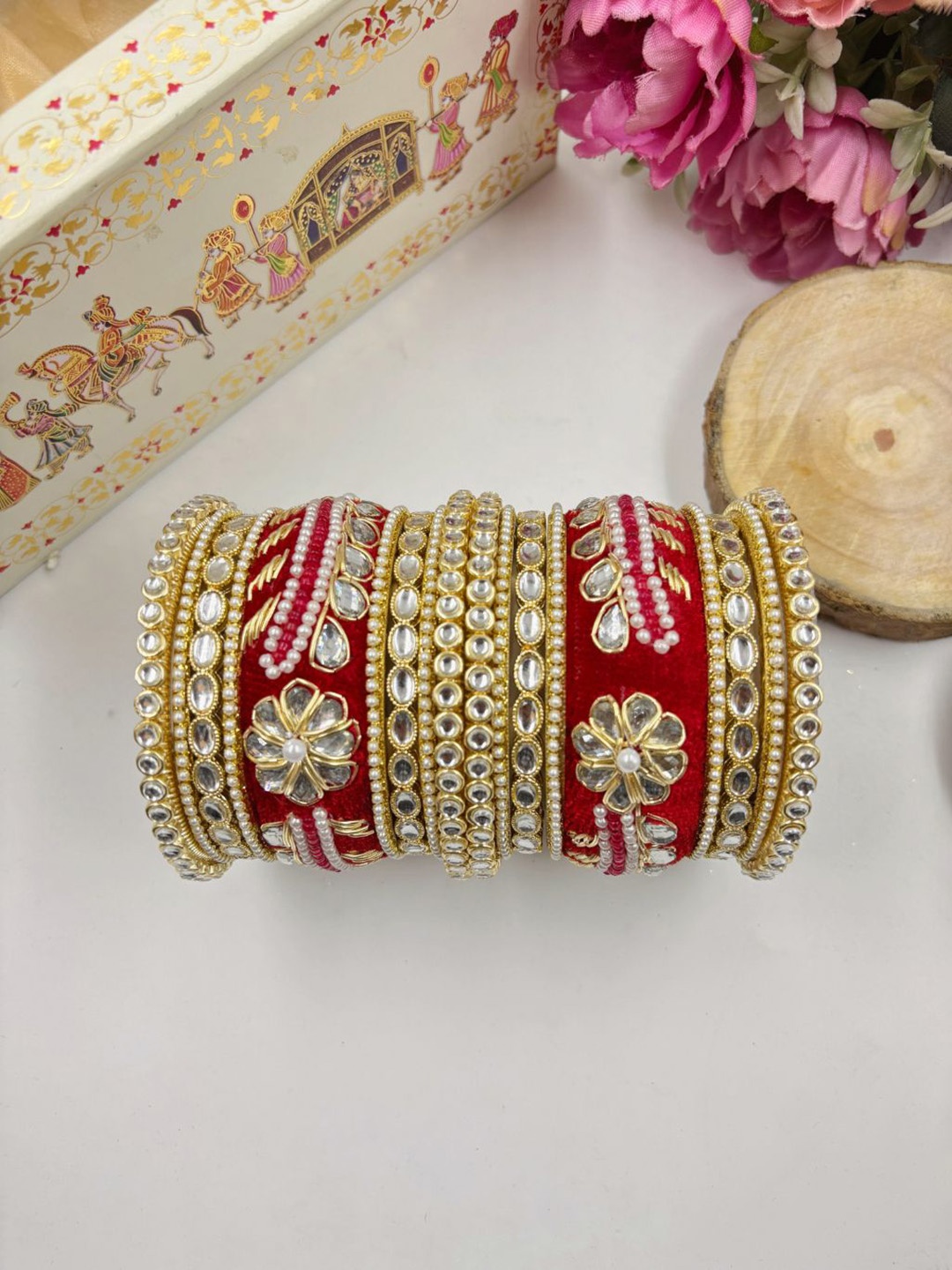 

Wedding Chuda by Hitesh Bangles Set Of 14 Stone-Studded and Beaded Wedding Bangle Set, Red