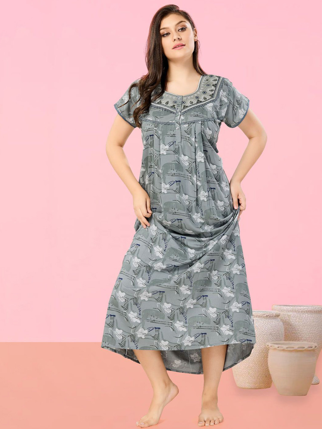 

Soulemo Women Floral Printed Pure Cotton Maxi Nightdress, Grey