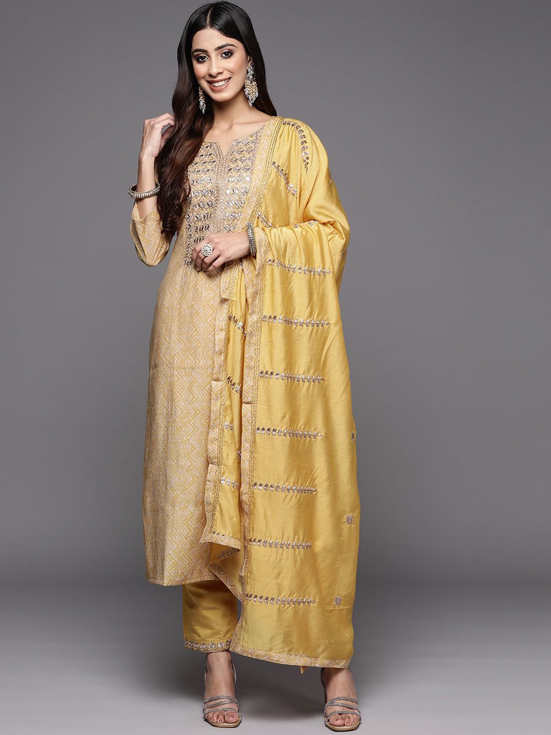 

KALINI Women Ethnic Motifs Embroidered Regular Gotta Patti Kurta with Trousers & With Dupatta, Mustard