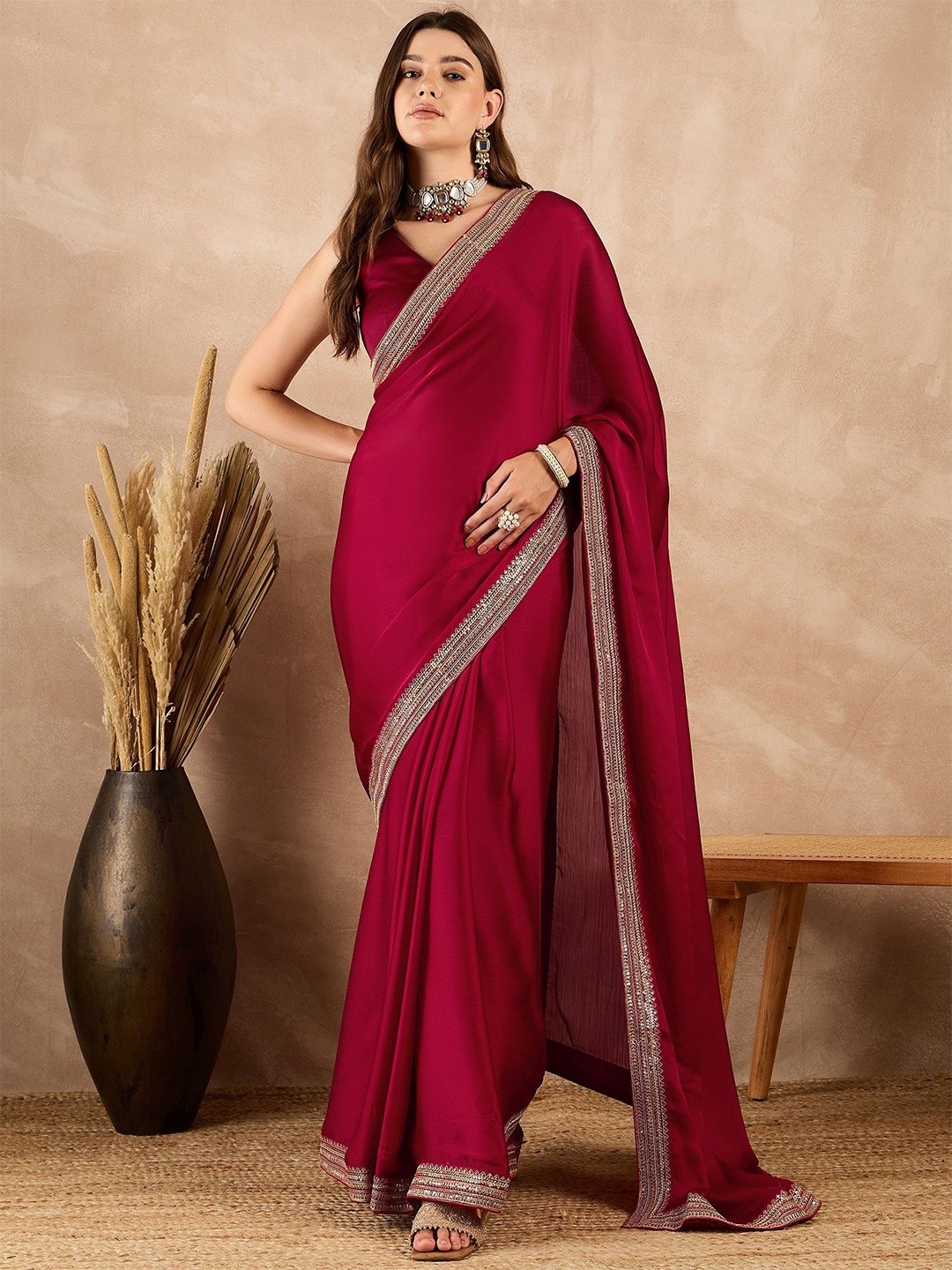 

all about you Embroidered Border Saree, Maroon