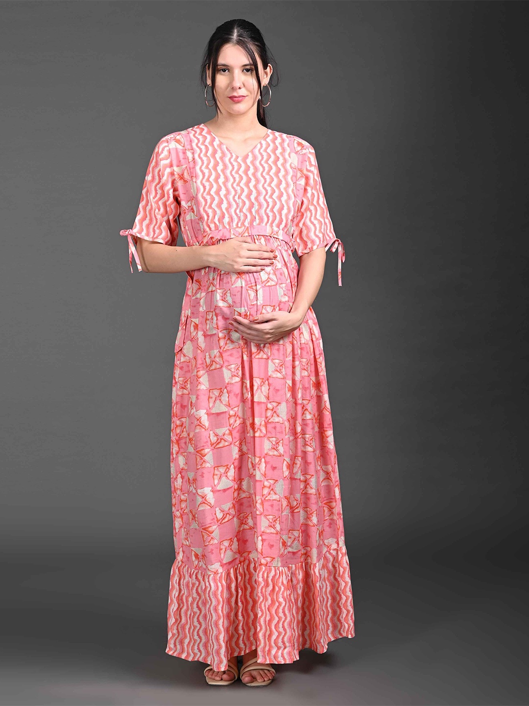 

GOLDSTROMS Women Printed V-Neck Three-Quarter Sleeves Maternity Maxi Dresses, Pink